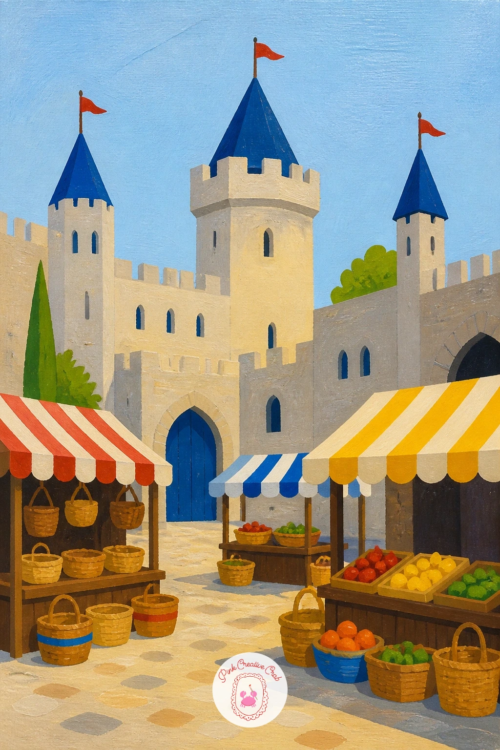 Market in a Castle Courtyard — Fill the ground level with activity for a market in a castle courtyard, stalls lined up beneath the walls. Castle drawing