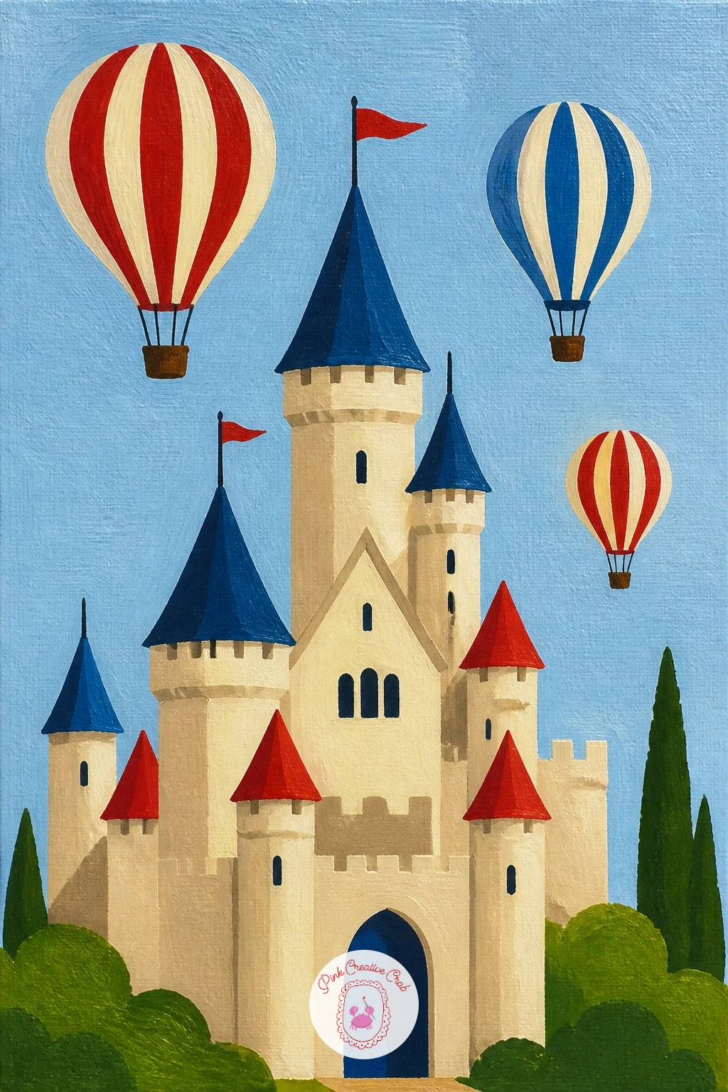Castle With Hot Air Balloons — Lift the mood with a castle beside a cluster of hot air balloons drifting past its towers. Castle drawing