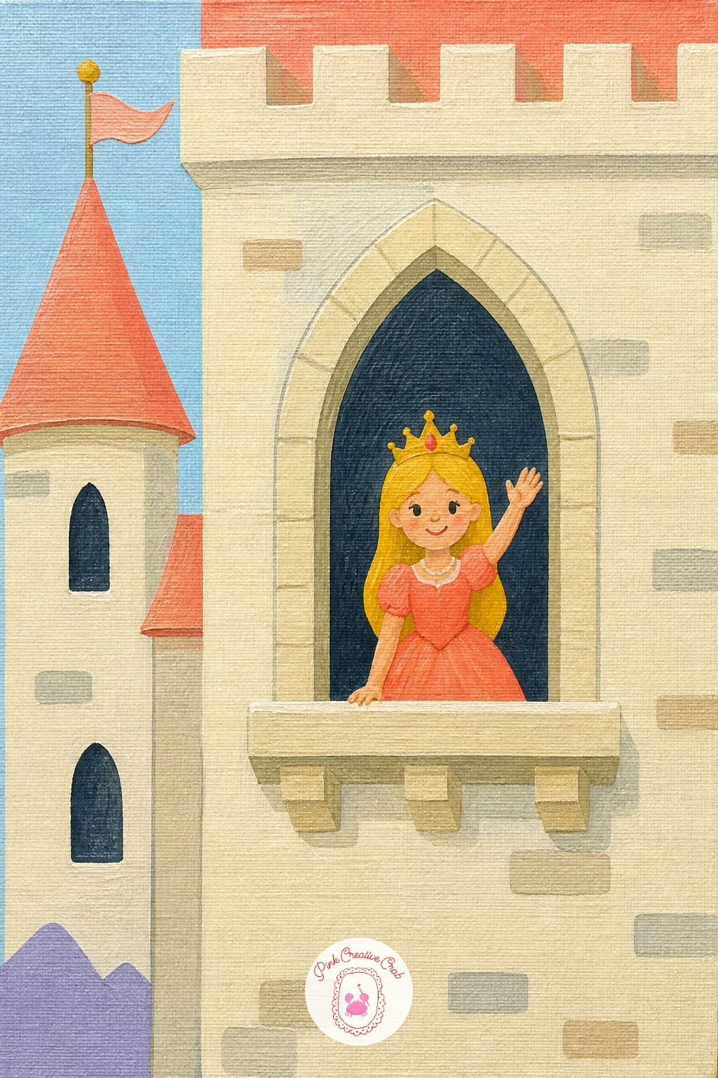 Princess Waving From a Castle Window — Add a human moment with a princess waving from a castle window, a small figure framed by stone. Castle drawing