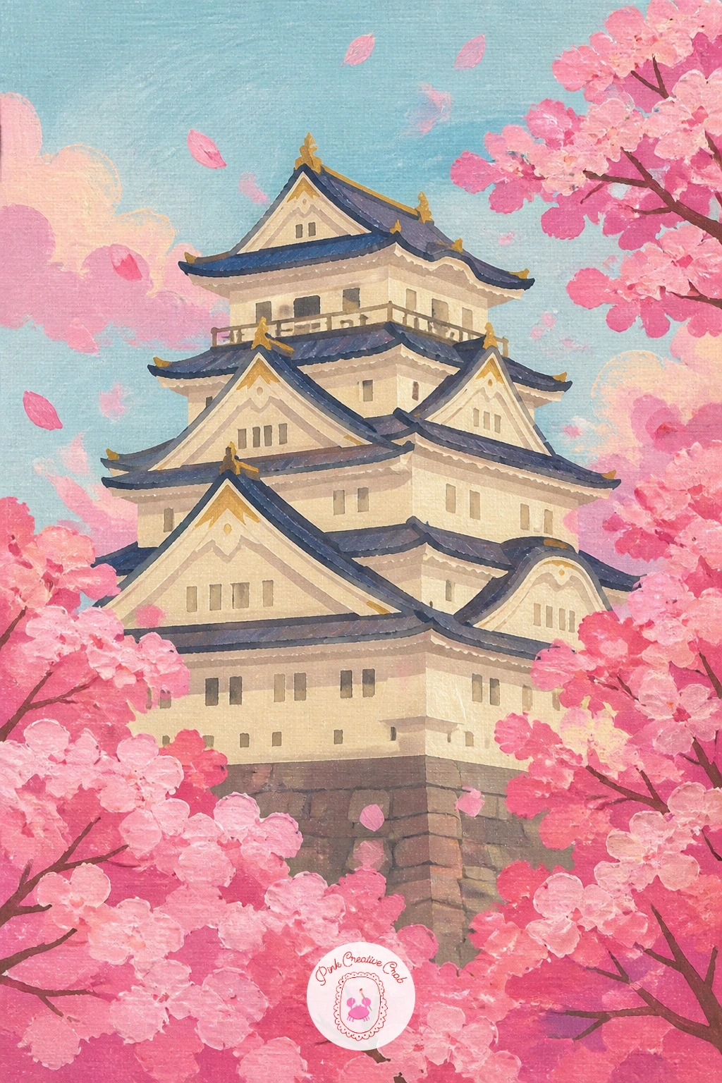 Castle Among Cherry Blossoms — Bring spring in fully with a castle standing among cherry blossom trees in full bloom. Castle drawing
