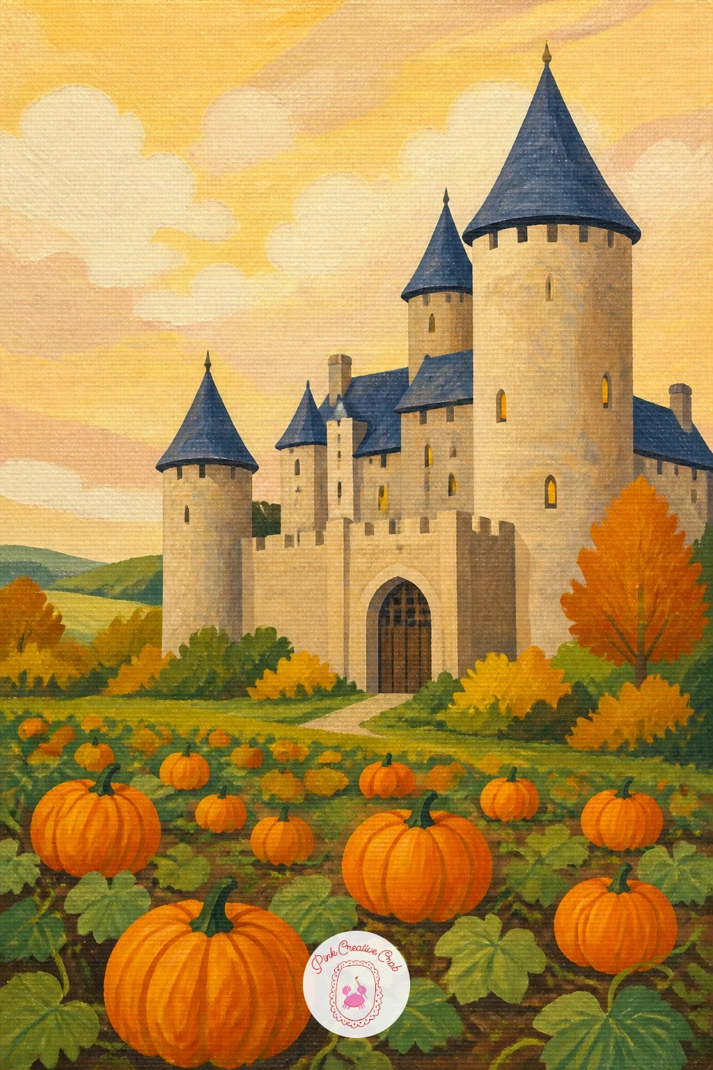 Castle Beside a Pumpkin Field — Shift into a cozy autumn mood with a castle beside a pumpkin field stretching out from its walls. Castle drawing