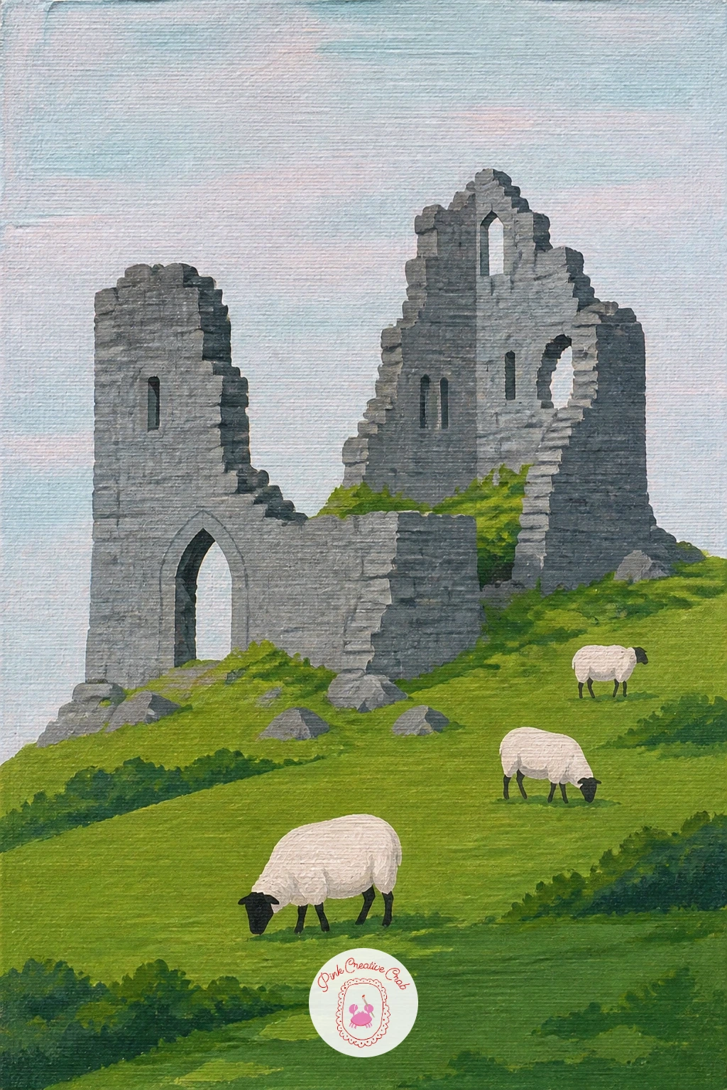 Castle Ruins With Sheep — Let a little time pass with castle ruins and a few sheep grazing quietly among the broken walls. Castle drawing