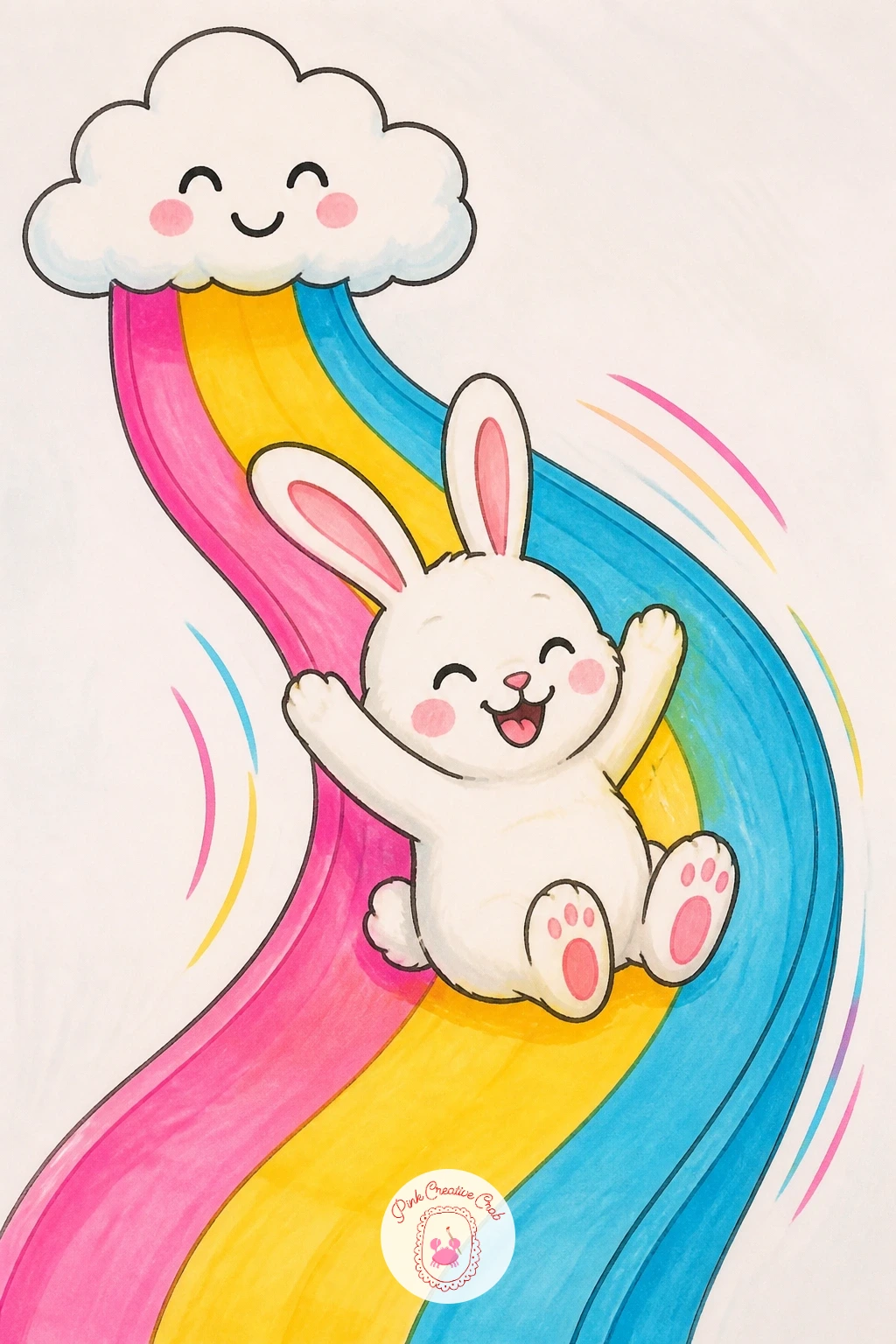 Rainbow Slide With a Bunny — Picture the rainbow as a playground slide this time, curving down from a small cloud at the top to the ground on the right.