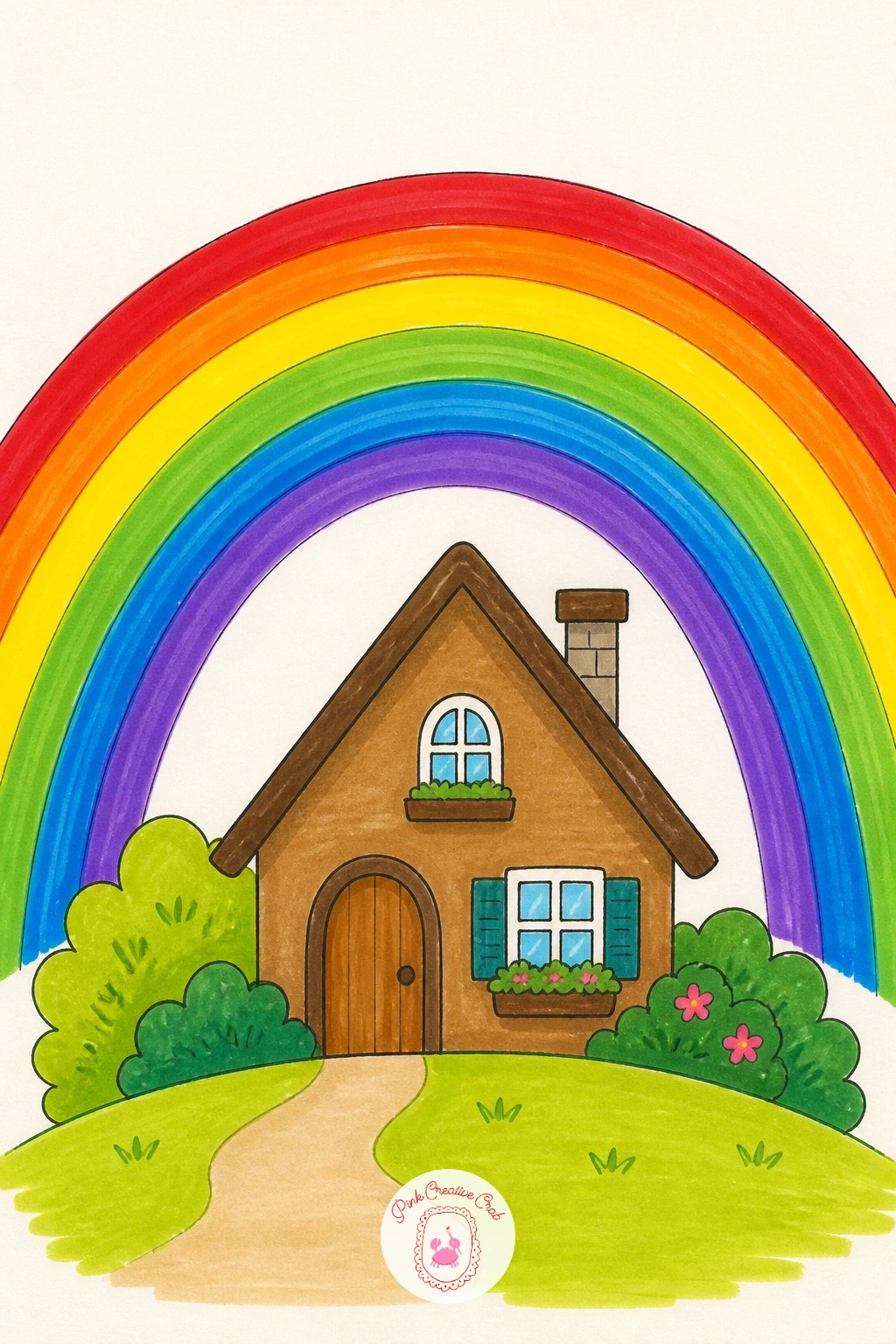 Rainbow Over a Cottage — Start with the cottage, because everything else in this scene hangs off it. Rainbow drawing