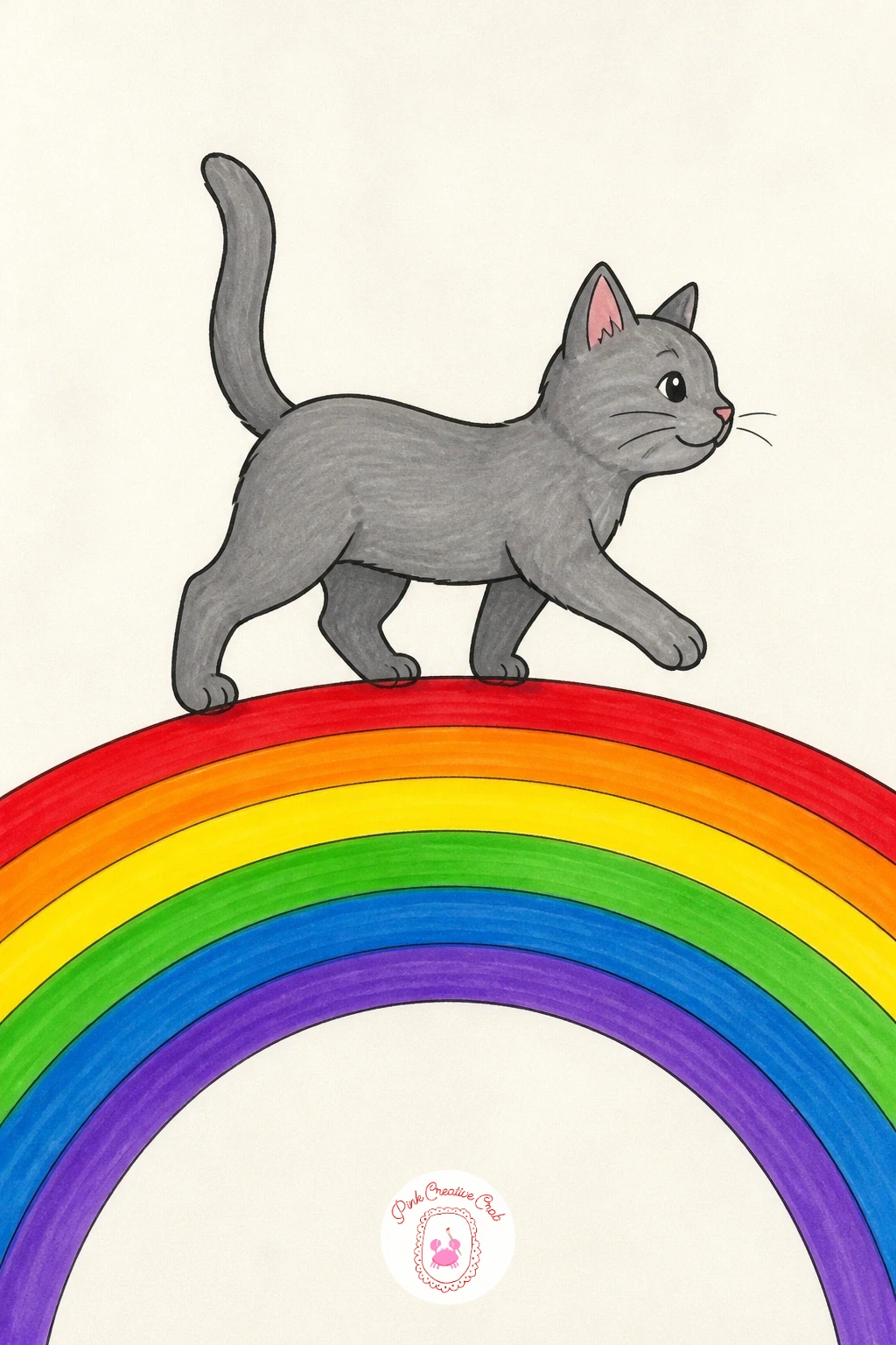 Cat Walking Across a Rainbow Bridge — Give the cat a steady path to walk on by drawing the rainbow as a gentle arch, thicker and flatter than a sky rainbow so