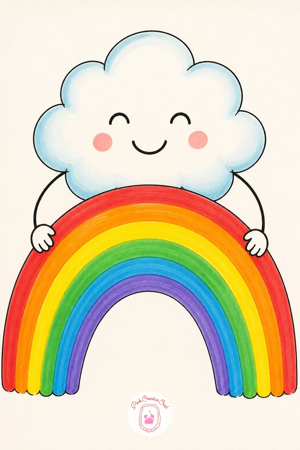 Smiling Cloud Holding a Rainbow — This one turns the cloud itself into the main character, so draw it big and soft first, filling most of the upper half of the