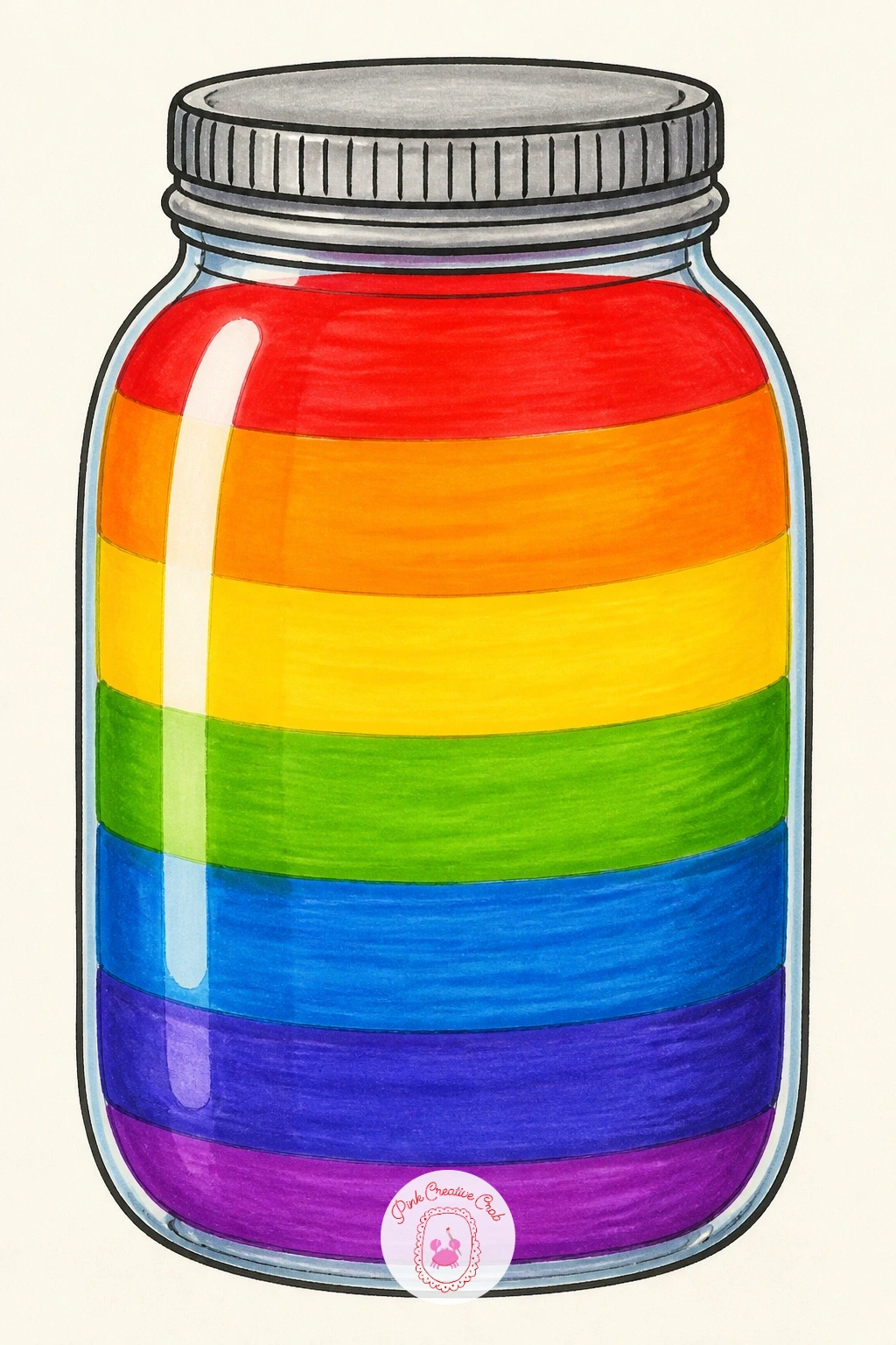 Rainbow in a Jar — Treat the jar like a simple container drawing before any color goes near it: two vertical lines, a curved base, a slightly wider lip at top