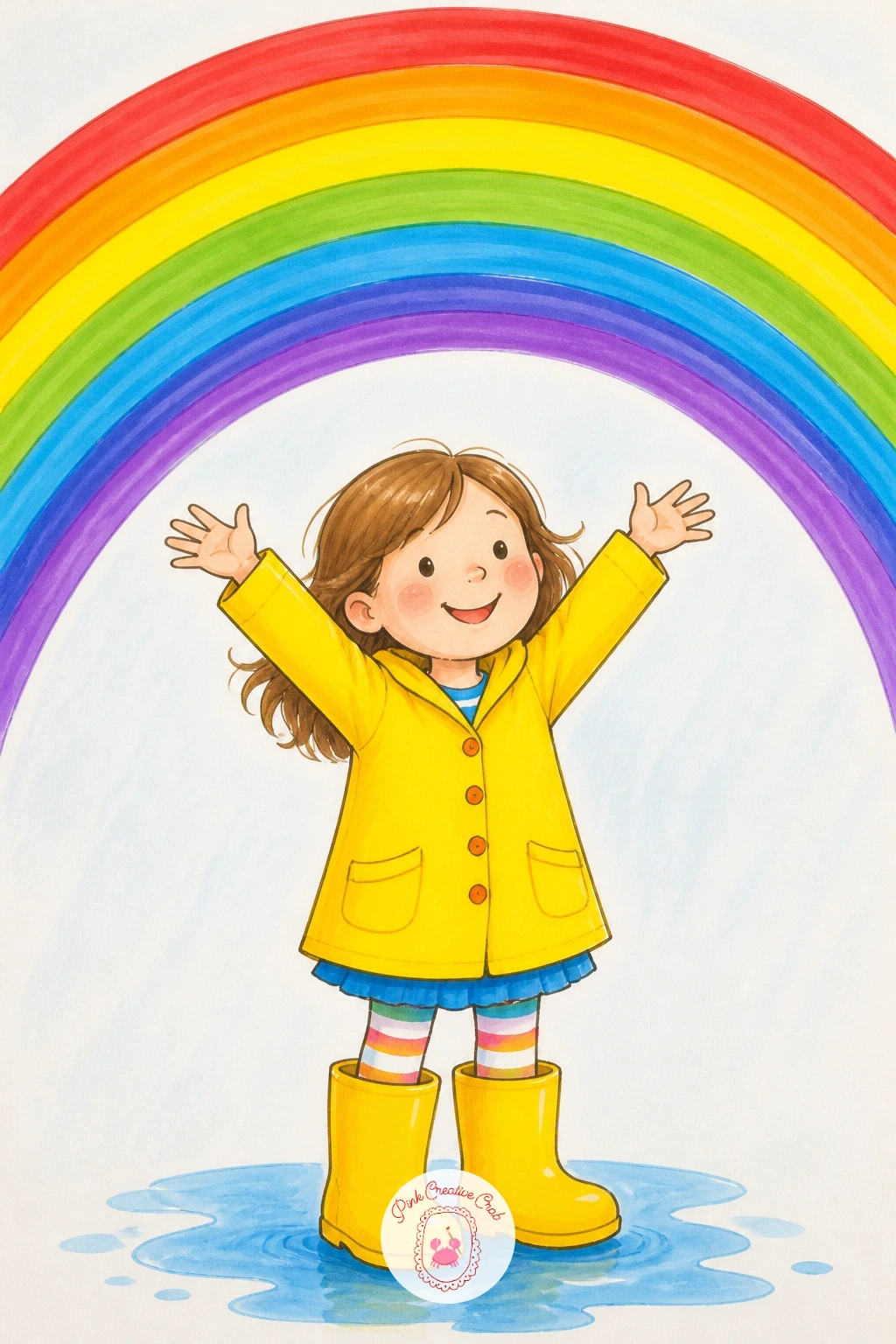 Girl in Yellow Boots Under a Rainbow — Build the girl from simple shapes first: an oval head, a triangle dress or coat, two straight legs ending in chunky