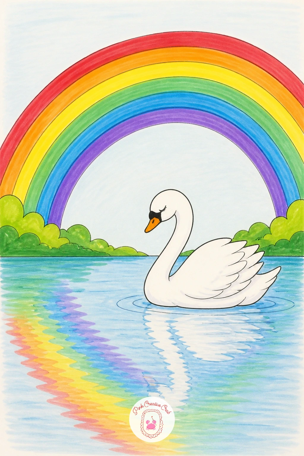 Rainbow Over a Lake With a Swan — Lay the lake down first as a simple horizontal band across the lower third of the page, since everything else sits on top of