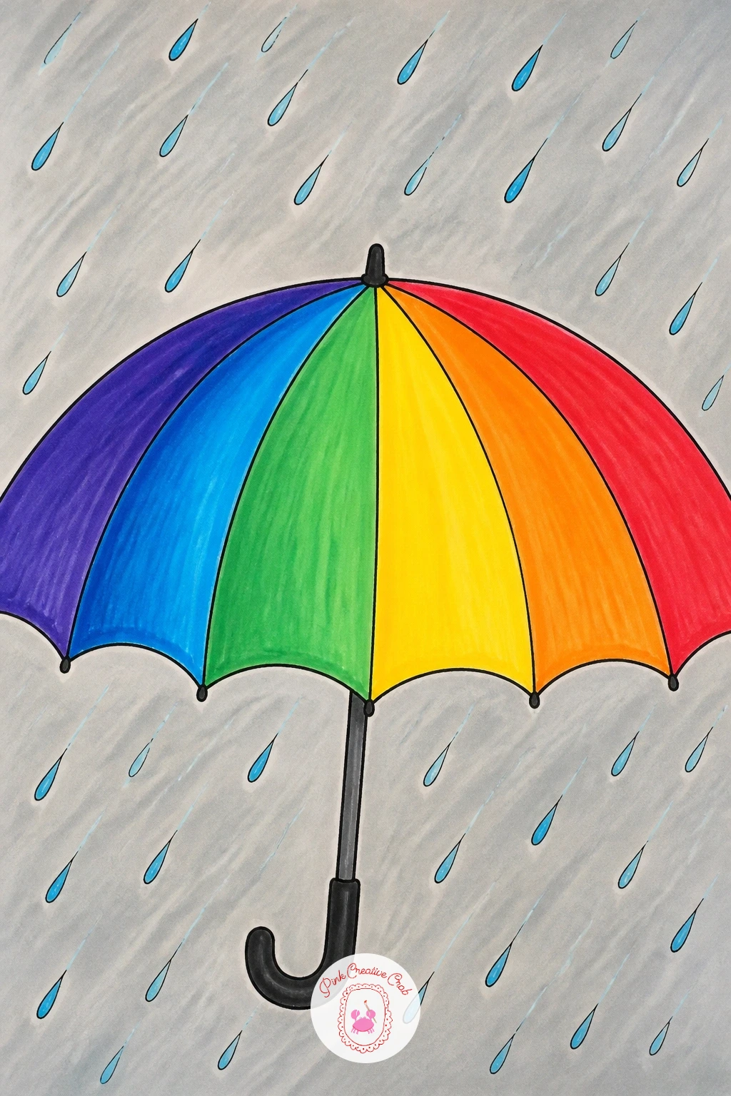 Rainbow Umbrella in the Rain — Draw the umbrella dome first as a simple half circle divided into six or seven wedge sections, each one colored a different