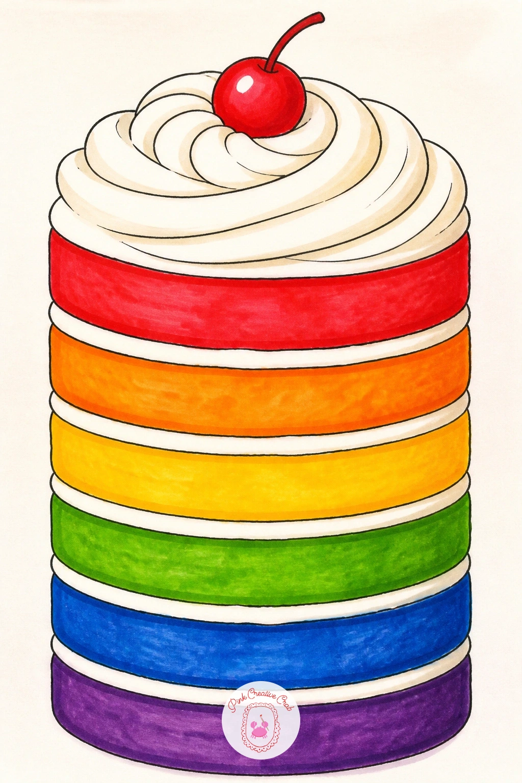 Rainbow Layer Cake — Build the cake as a stack of simple flattened ovals, each one a different rainbow color, narrowing very slightly toward the top so the