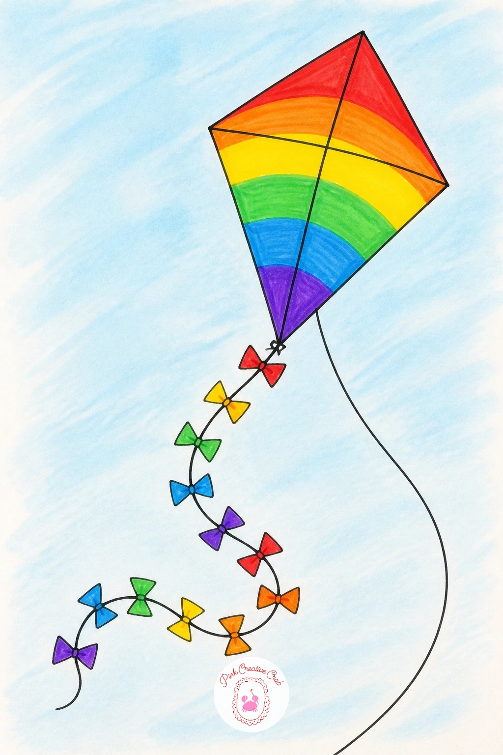 Rainbow Kite — Sketch the kite shape first as a simple diamond, then divide it into rainbow colored triangles meeting at the center so the kite itself carries