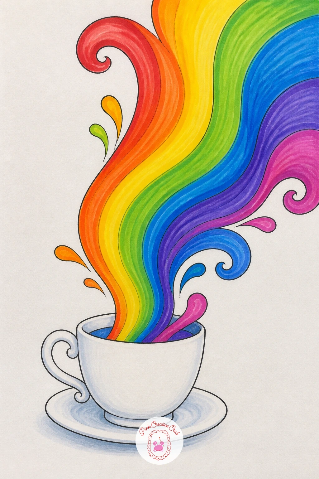Rainbow Pouring Out of a Teacup — Draw the teacup first as a simple rounded cup on a small saucer, keeping the handle as one easy curved loop since fussing