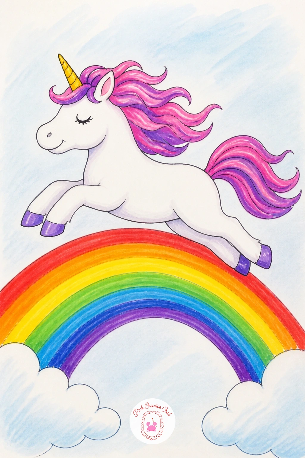 Unicorn Jumping Over a Rainbow — Start the unicorn with a simple arched body mid-leap, front legs reaching forward and back legs trailing behind, since that