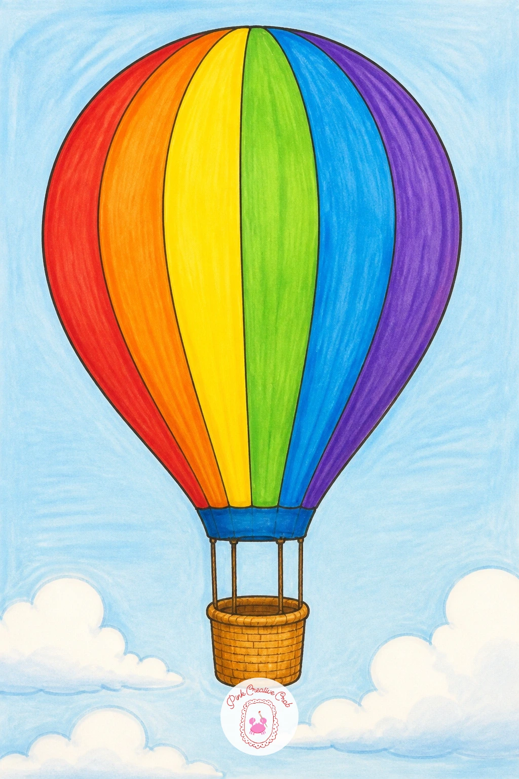 Rainbow Hot Air Balloon — Draw the balloon envelope first as a large rounded teardrop shape, then divide it into vertical rainbow stripes running from top to