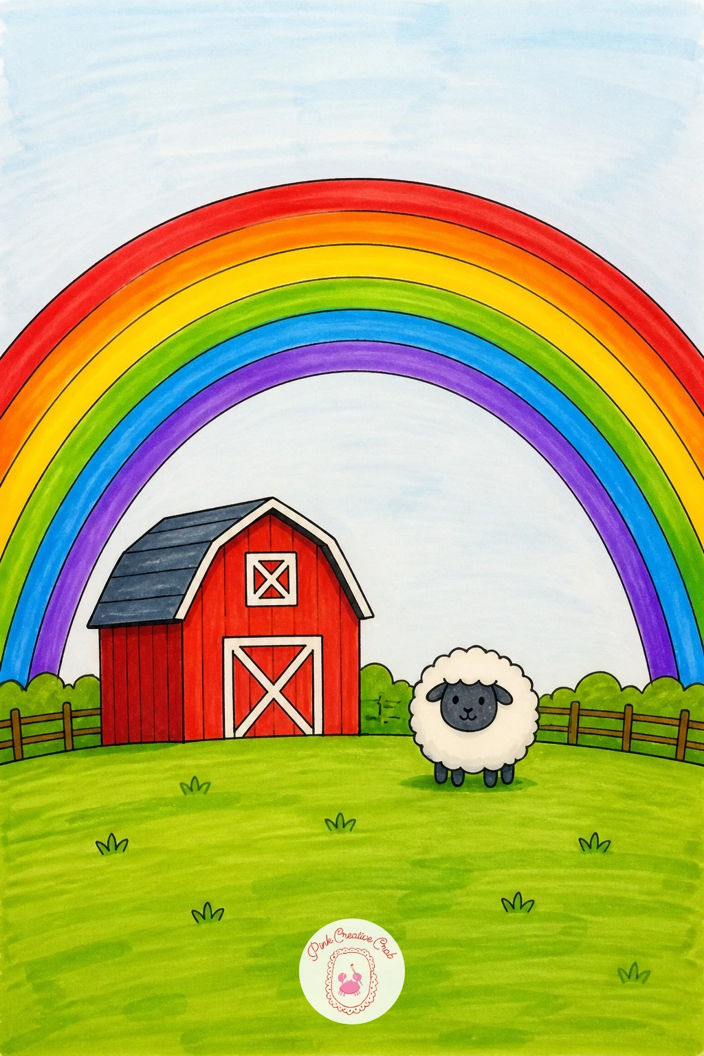 Rainbow Over a Farm — Lay out the farm scene with a simple red barn in the middle distance, a fence line of a few short posts, and one friendly animal such as