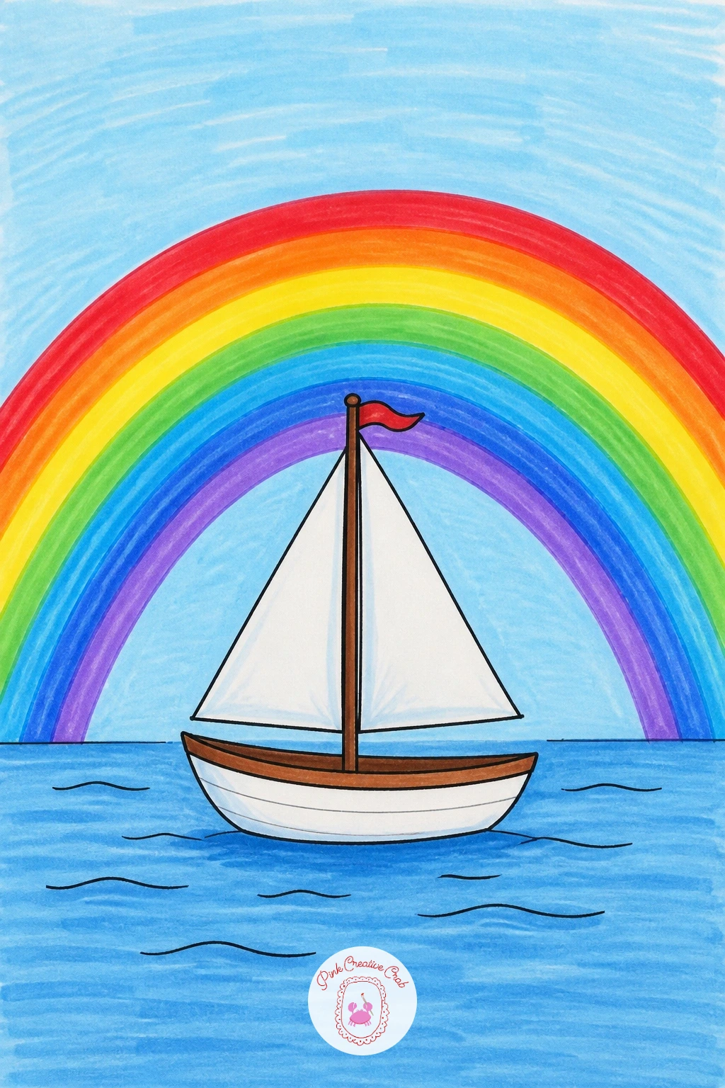 Rainbow Over a Sailboat — Draw the sailboat hull first as a simple curved crescent shape sitting on a flat horizontal waterline, then add one tall triangle