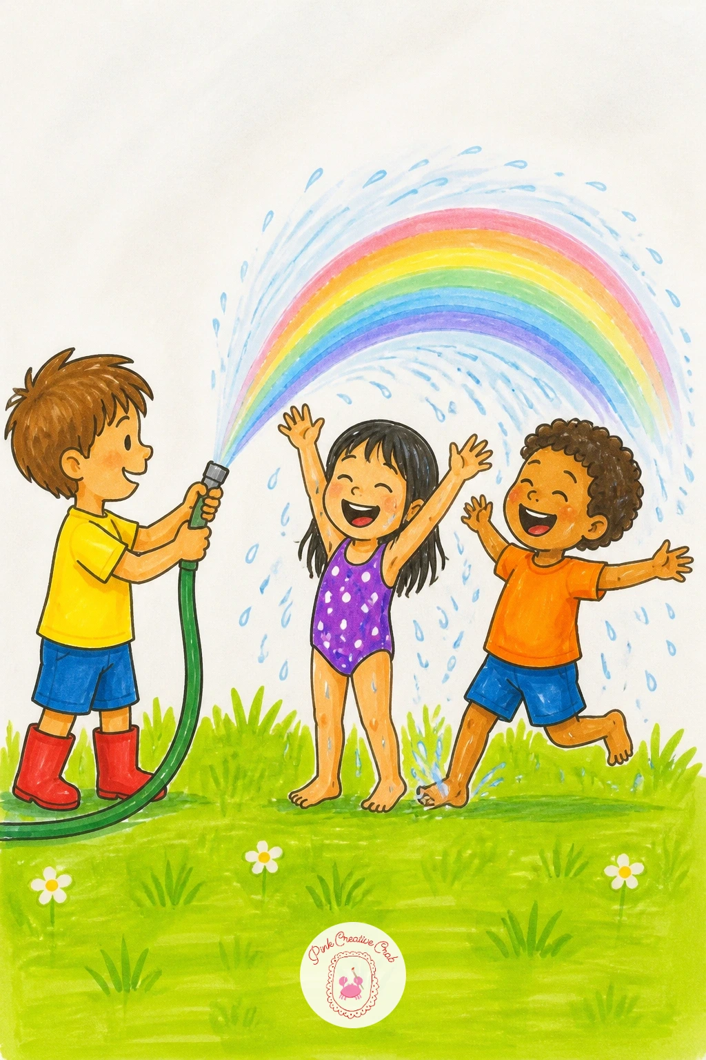 Kids Under a Garden Hose Rainbow — Start with two simple figures standing close together, one holding a hose with the other reaching up toward the spray, since