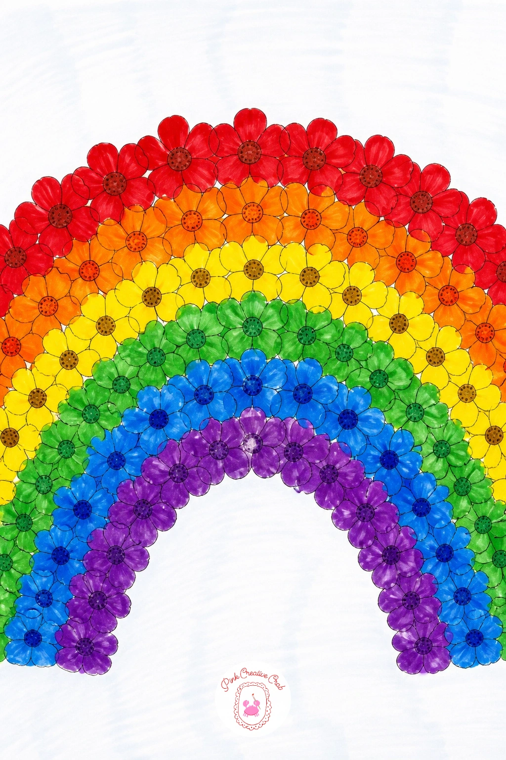 Rainbow Made of Flowers — Arrange this rainbow as curved rows of flowers instead of painted bands, drawing one row at a time from the outer red arc down to the