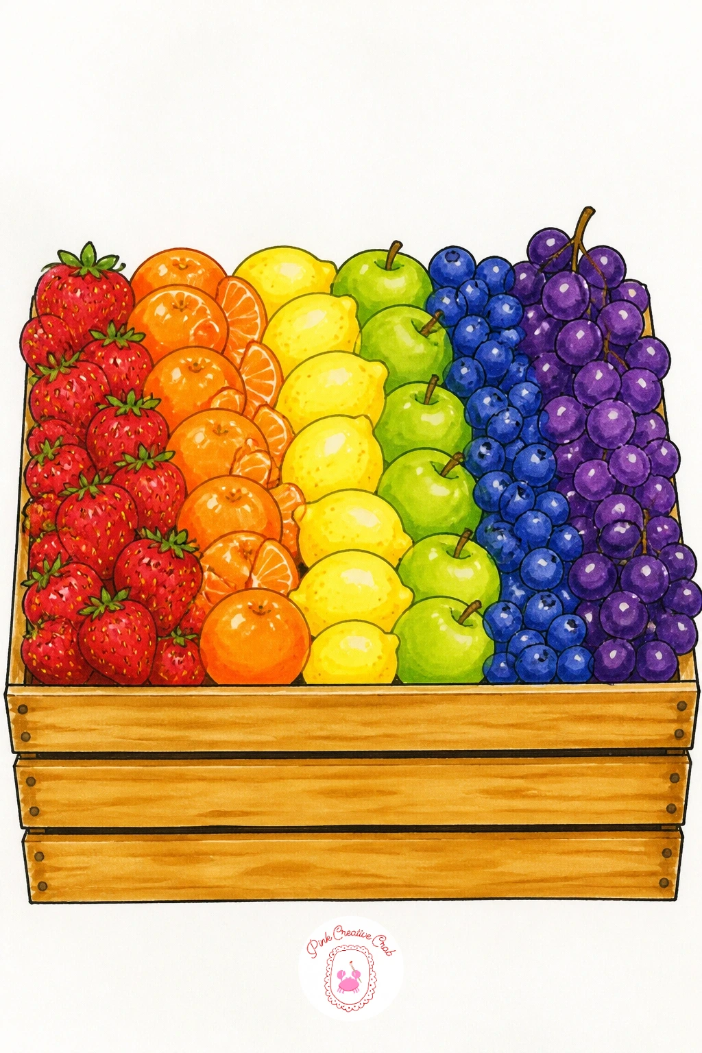 Rainbow of Fruit in a Market Crate — Draw the wooden crate first as a simple open box shape with a few horizontal slat lines across the front, since that crate