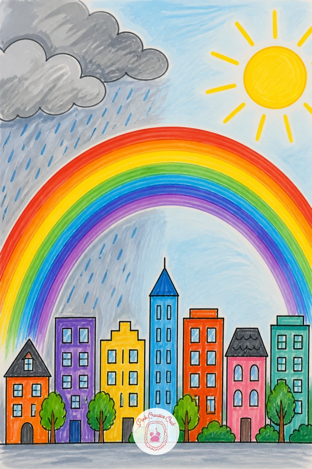 Rainbow Over the City After Rain — Sketch a simple city skyline first as a row of rectangle buildings of varying heights along the bottom of the page, keeping