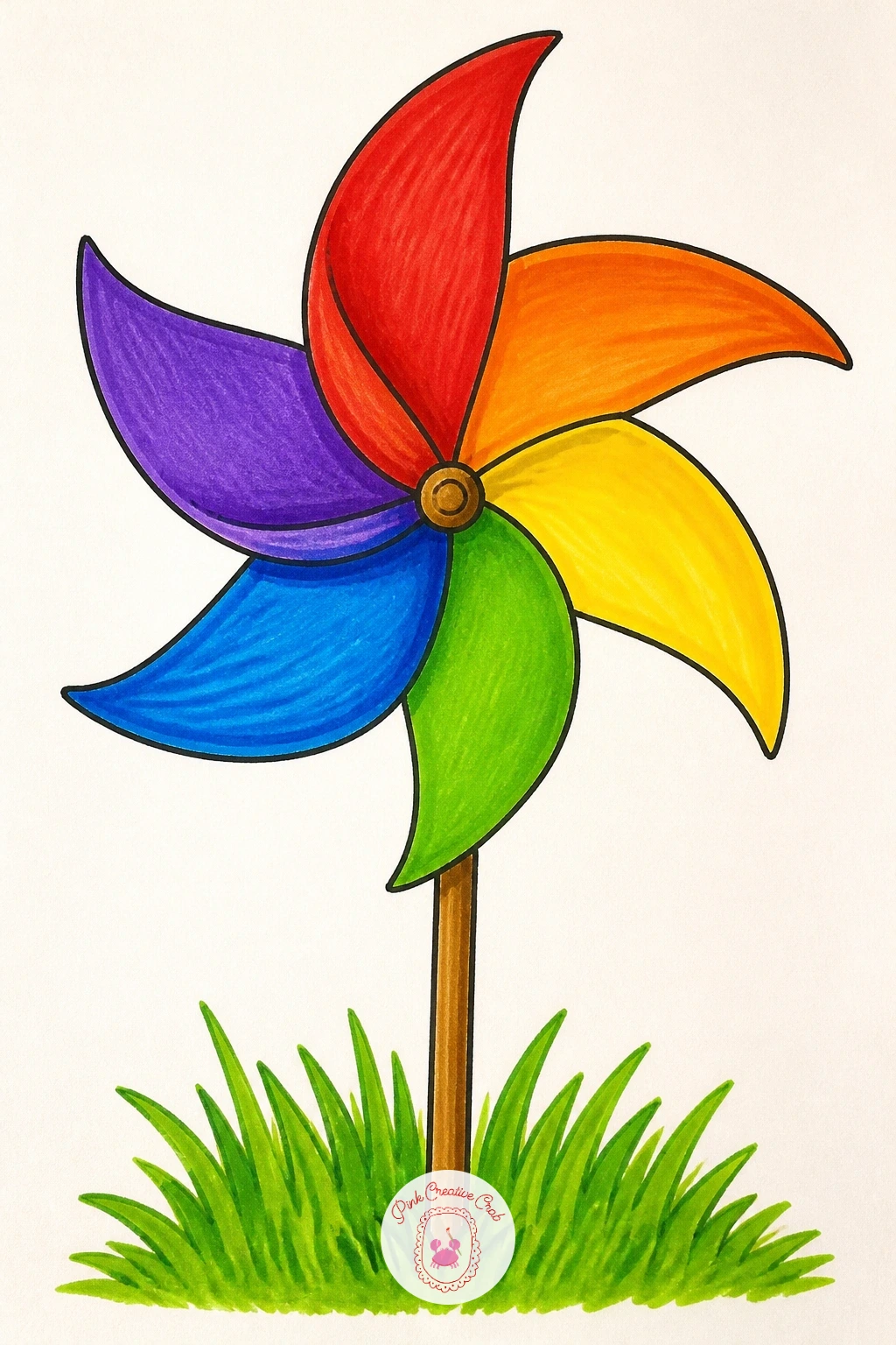 Rainbow Pinwheel — Draw the pinwheel starting from its center point, adding four or six triangle blades spinning outward like the points of a star, then color