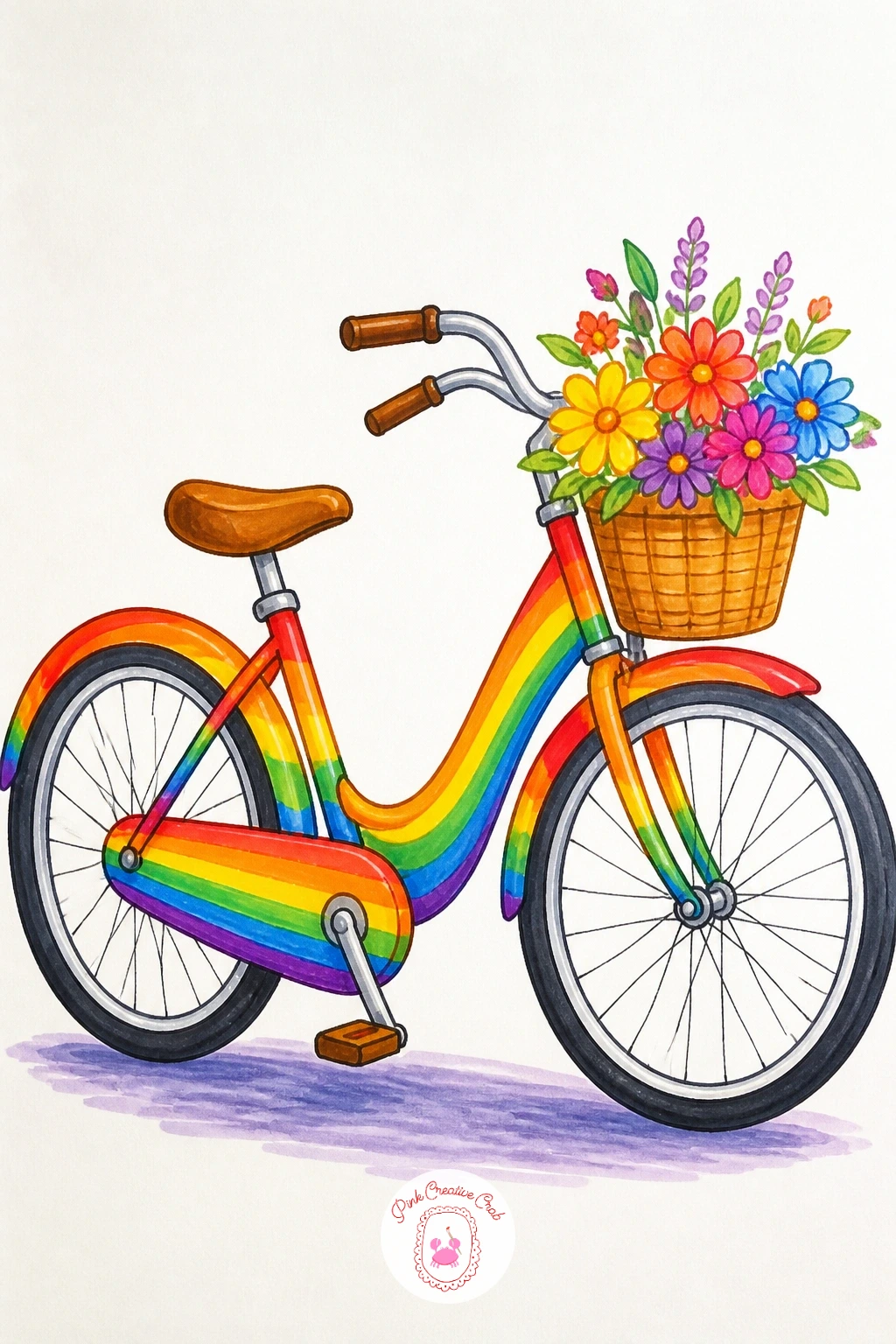 Rainbow Bicycle — Build the bicycle from two simple circles for wheels first, connecting them with a basic frame of straight and diagonal lines, since getting