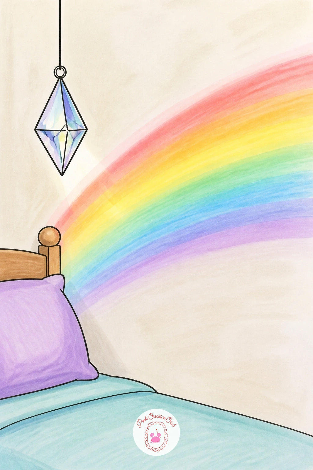 Prism Rainbow on a Bedroom Wall — Start with a simple glass prism or crystal shape hanging near a window, drawn as a faceted diamond with a few straight angled