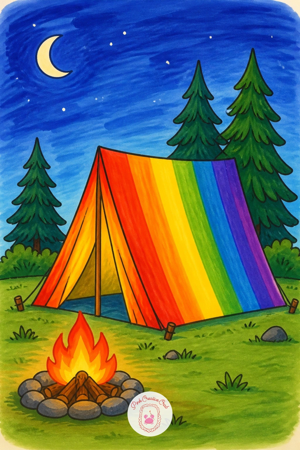 Rainbow Tent at a Campsite — Draw the tent first as a simple triangle shape with a flat base, then divide it into vertical rainbow panels running from the peak