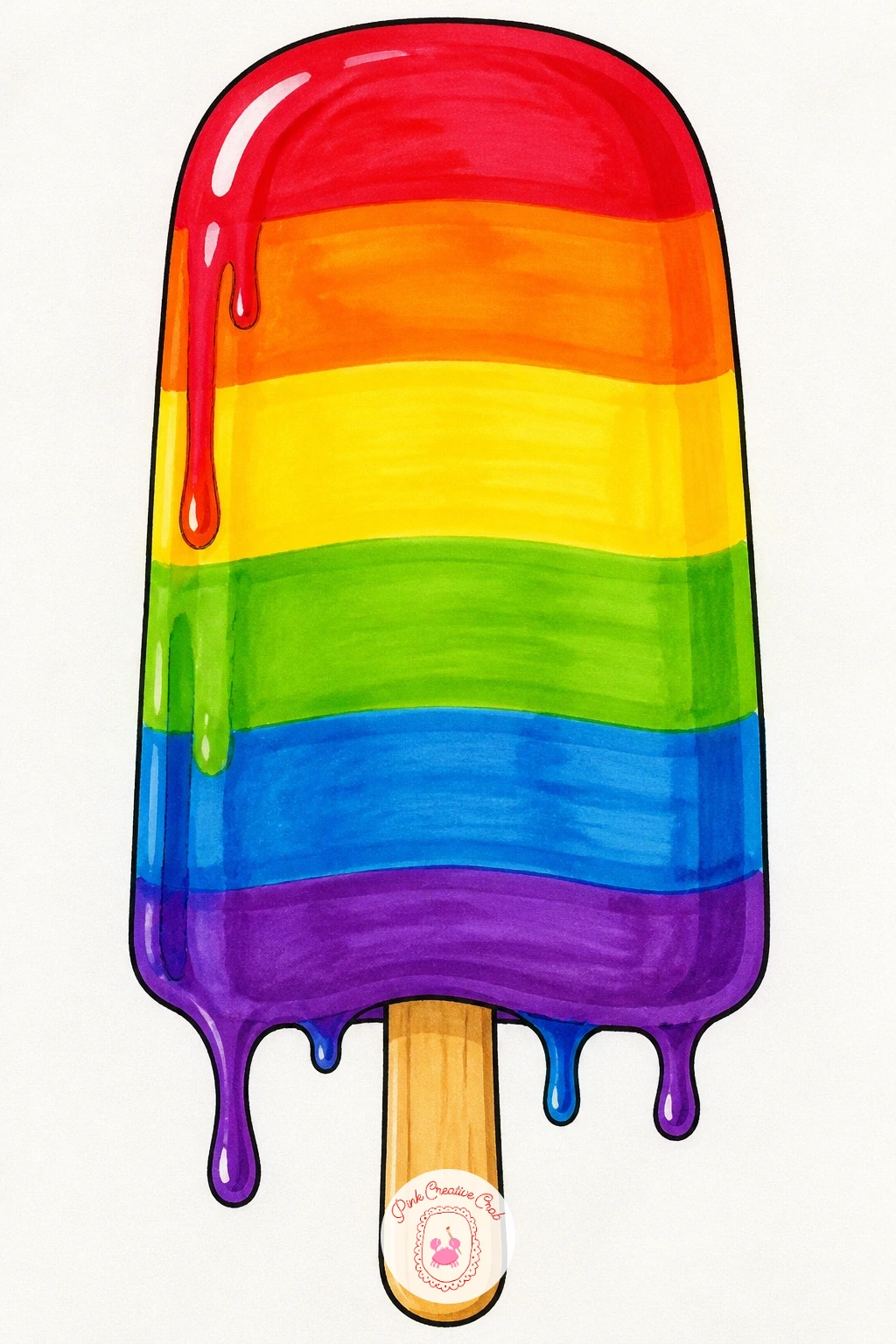 Rainbow Ice Pop — Shape the ice pop first as a simple rounded rectangle with gently curved top corners, then divide it into horizontal rainbow layers from top