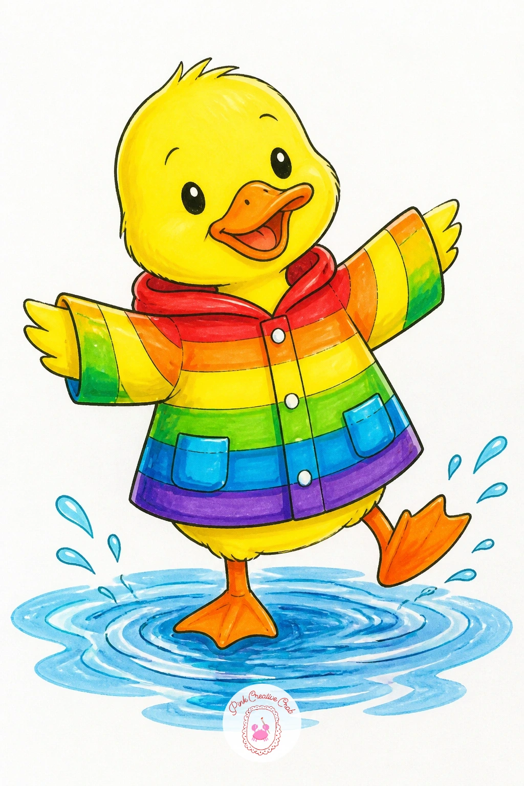 Duck in a Rainbow Raincoat — Build the duck from a simple round body and head, flat orange bill, and two webbed feet, since this basic duck shape is one most