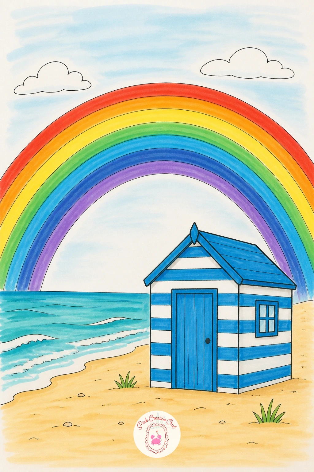 Rainbow Over a Beach Hut — Finish the set with a small beach hut drawn as a simple square with a flat or slightly peaked roof, one door and maybe a tiny window