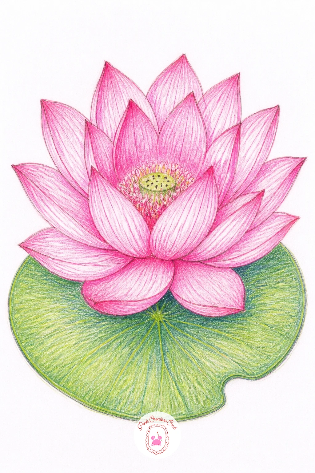 Pink Lotus in Full Bloom on a Pad — Start with a pink lotus in full bloom, since the open flower is the most forgiving shape to practice on: a loose circle of