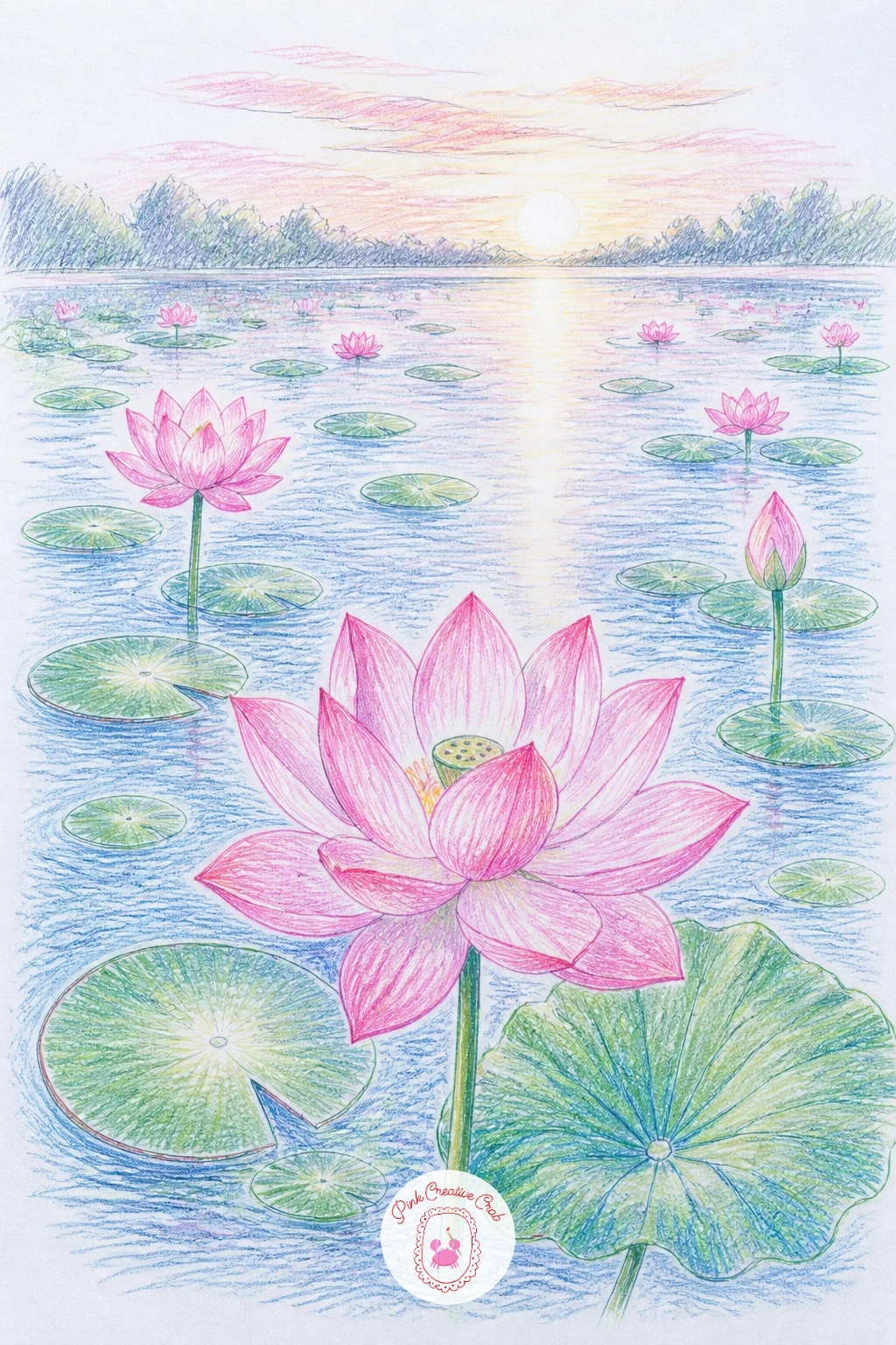 Lotus Pond at Sunrise — Once a single lotus feels easy, try a lotus pond at sunrise, where two or three small blooms and pads sit scattered across a soft
