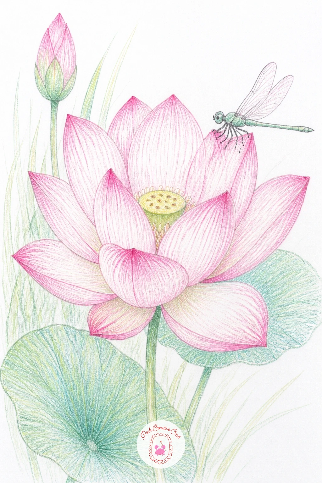 Lotus With a Dragonfly — Bring in a dragonfly for this one, perched right on a lotus bud or hovering just beside an open bloom, since the contrast of its thin