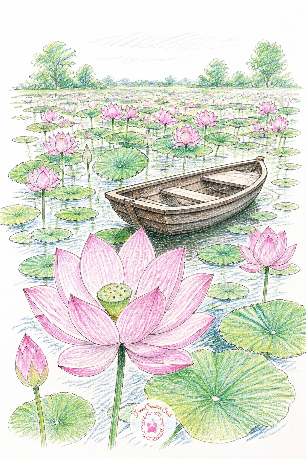 Lotus Field With a Boat — Widen the view again for a lotus field with a boat, a small wooden rowboat tucked among scattered pads and blooms that stretch toward