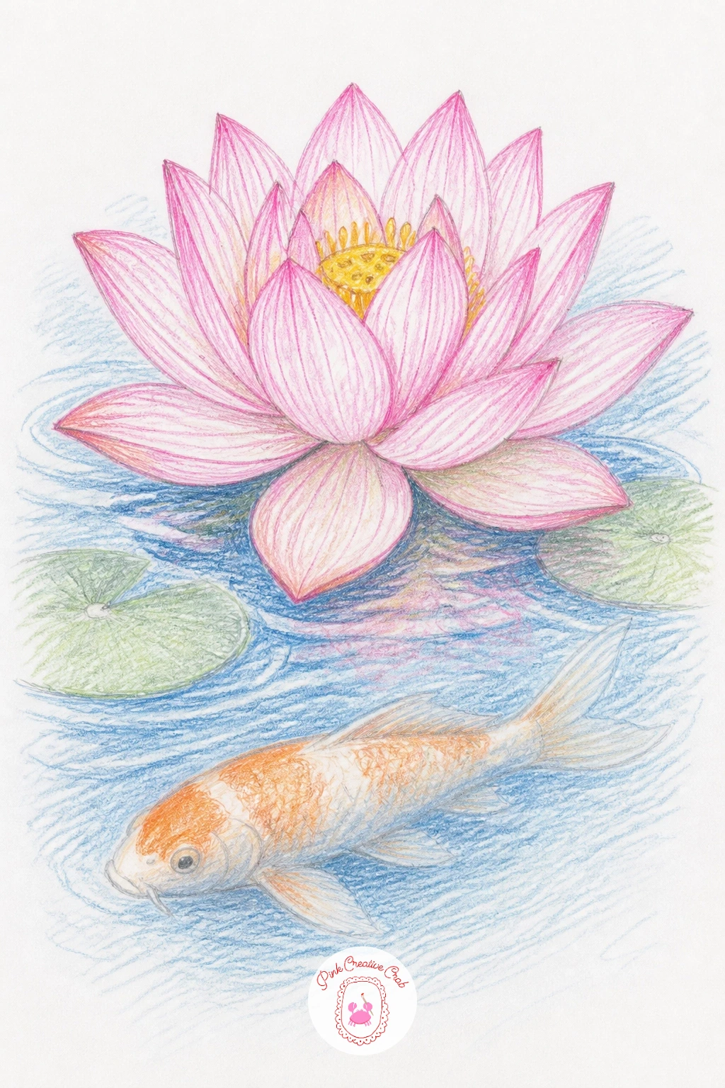Lotus With a Koi Below — Add a koi fish drifting beneath the surface for this next scene, its pale orange shape half hidden under a lotus pad and bloom above.