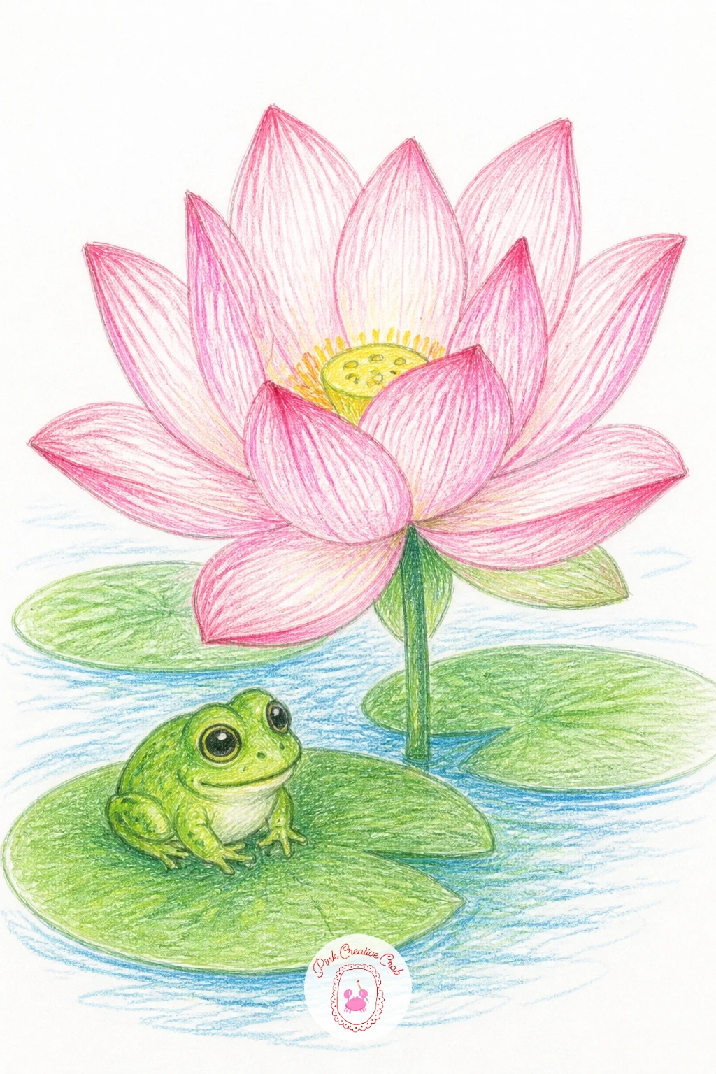 Lotus and a Frog — Perch a small frog on a pad beside the lotus for a bit of gentle character in the scene. Lotus flower drawing