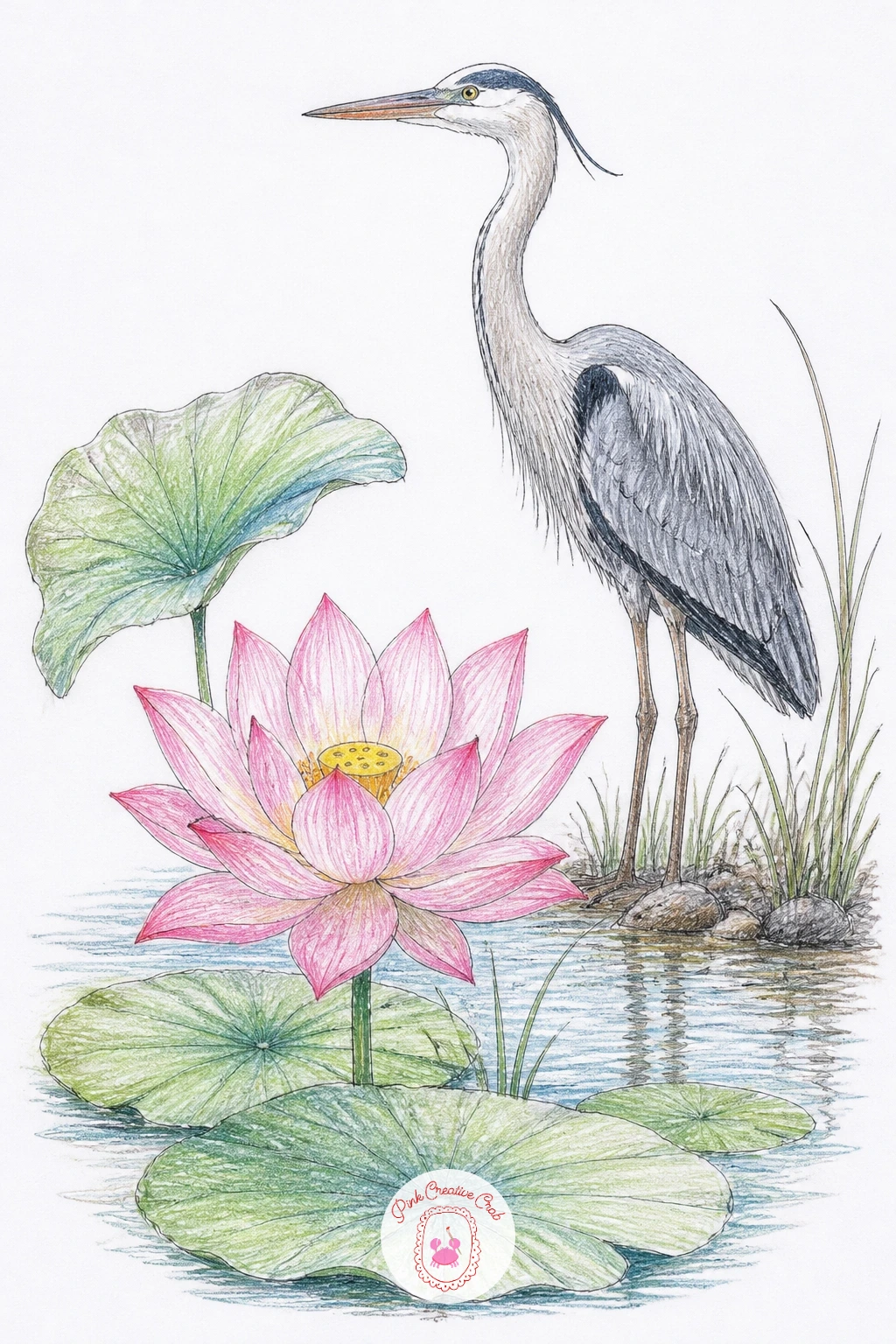 Lotus and a Heron — Bring in a heron standing at the water's edge for a taller, more elegant companion to the lotus. Lotus flower drawing