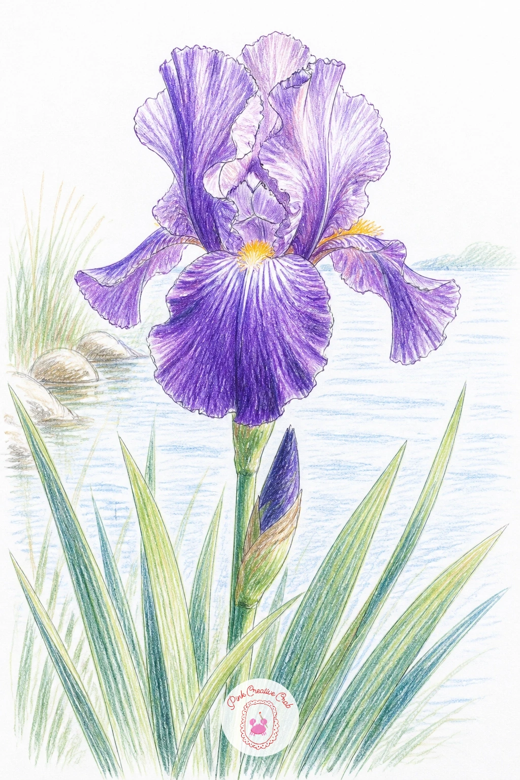 Iris by the Water — An iris growing at the pond's edge brings tall, narrow leaves and those distinctive ruffled falling petals into the mix. Lotus flower