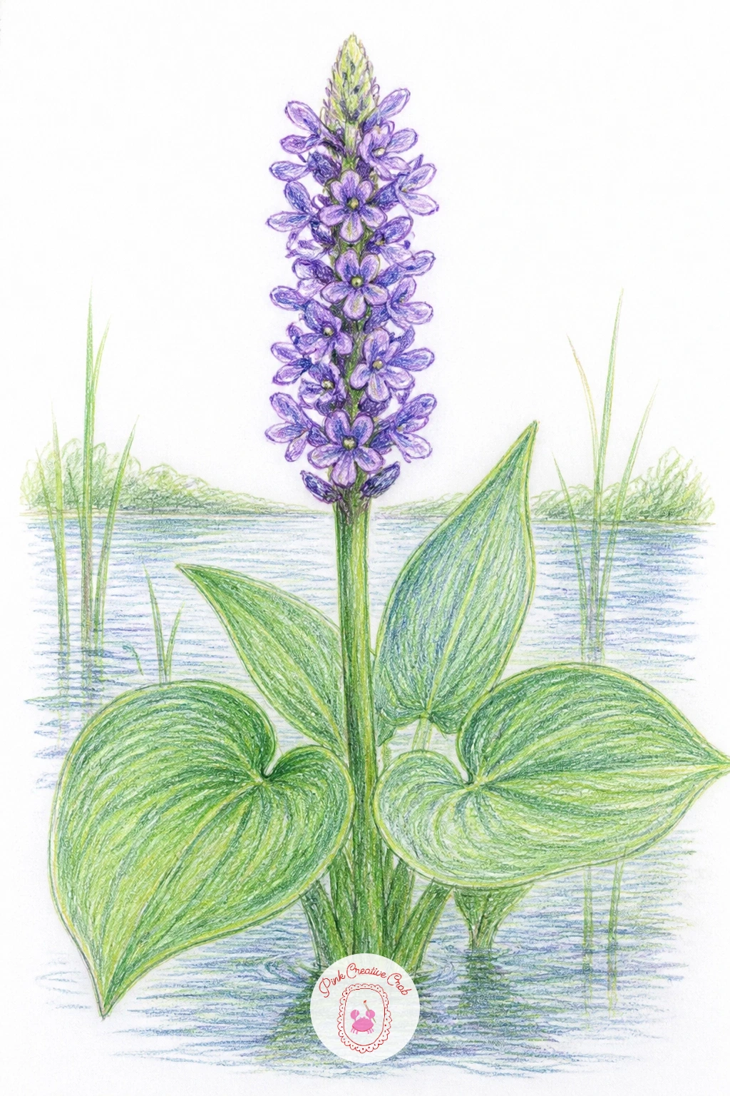 Pickerelweed Spike — Pickerelweed gives you another tall spike flower, but softer and more delicate than the cattail, its small purple-blue blooms clustered