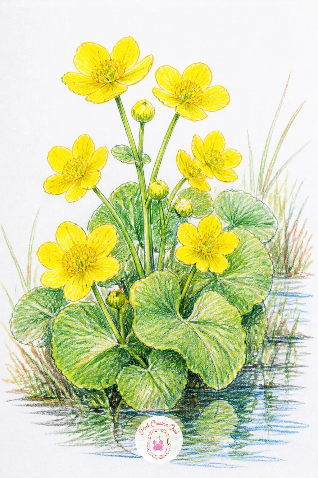 Marsh Marigold — Marsh marigold brings warm yellow back into the palette with its cheerful, buttercup-like blooms and rounded glossy leaves. Lotus flower