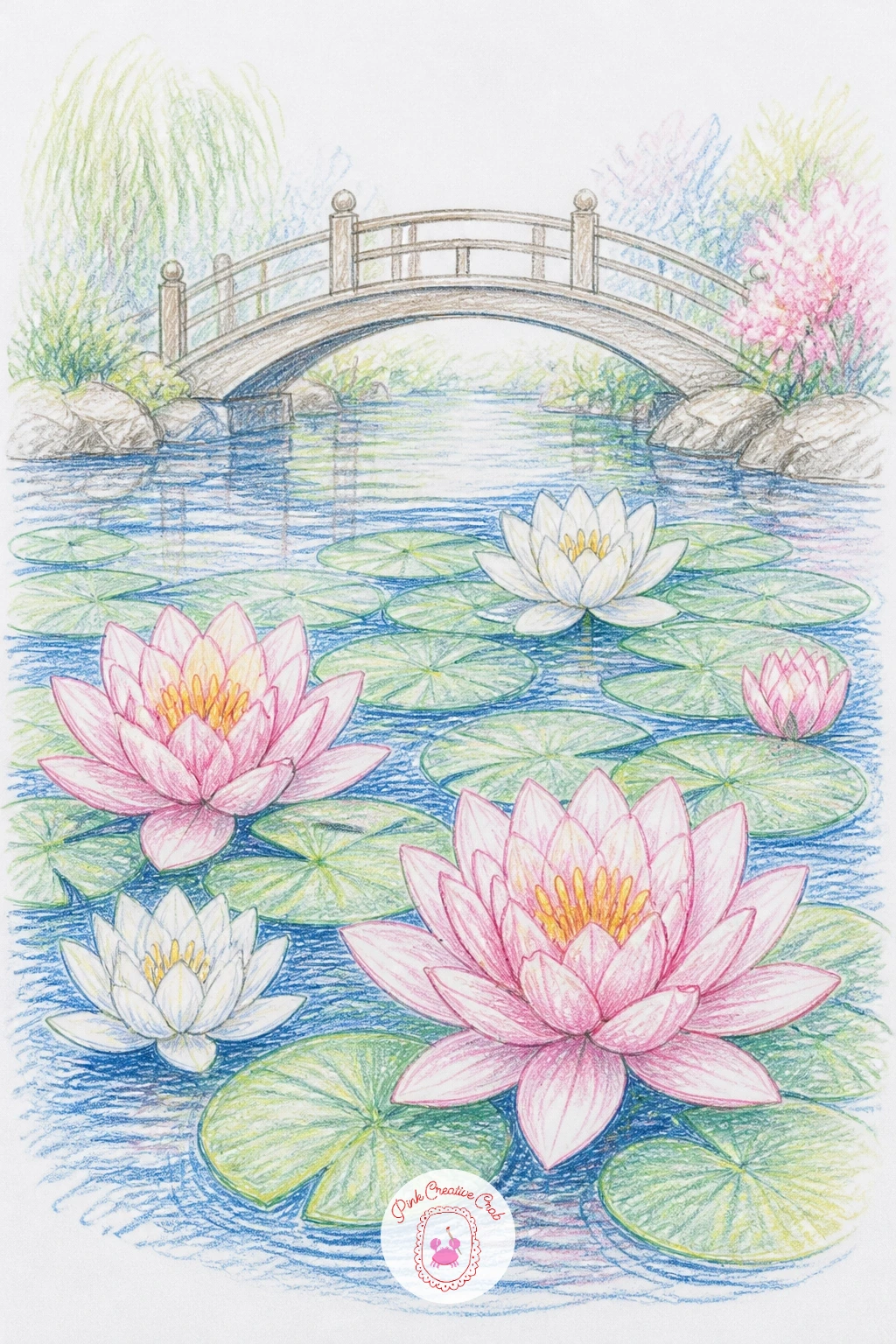 Water Lily Pond With a Bridge — Pull back for a wider view again with a water lily pond and a small arched bridge crossing it in the background. Lotus flower