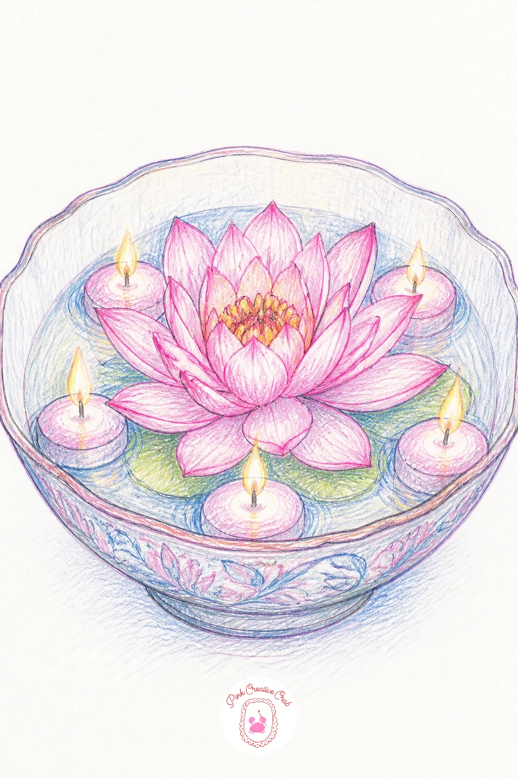 Lotus Bowl With Floating Candles — Close the whole set with a lotus bowl with floating candles, a wide shallow bowl holding a cut lotus bloom alongside a few