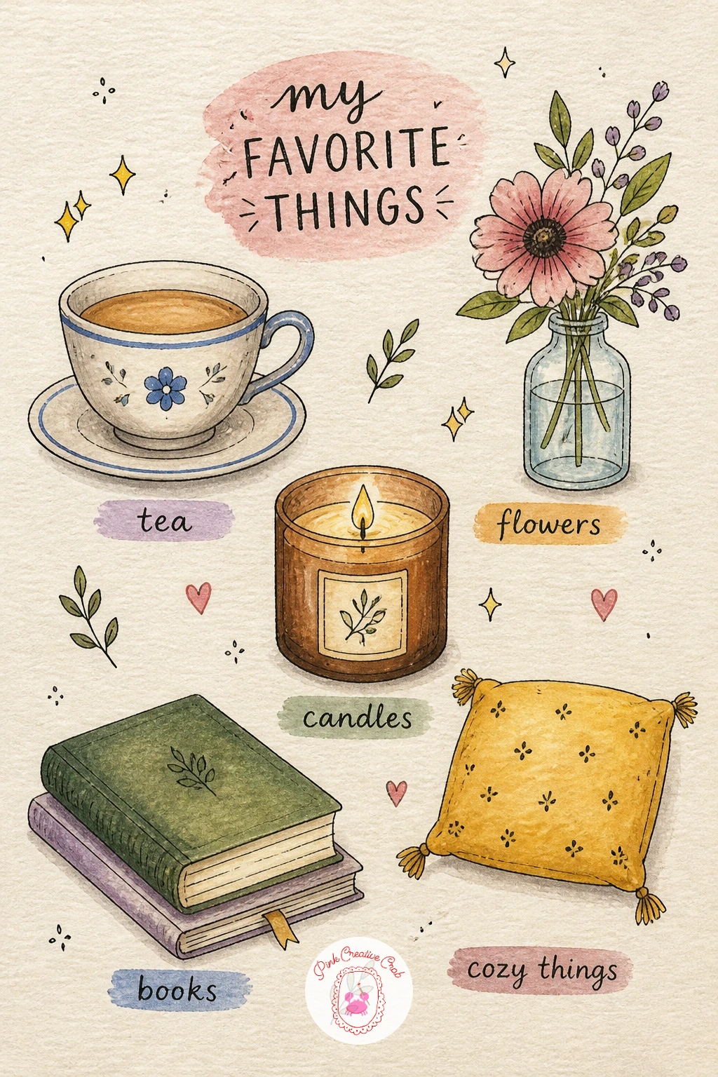 My Favorite Things Page — Give yourself a lighter page next with a list of your favorite things, drawn as a cluster of small doodled objects rather than