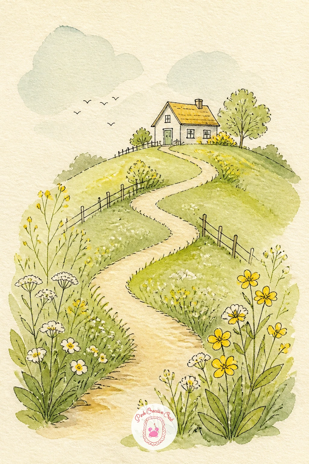 Path Leading to a Little House — Draw a path leading to a little house, a nice small landscape for a page about settling into something new. Journal first page