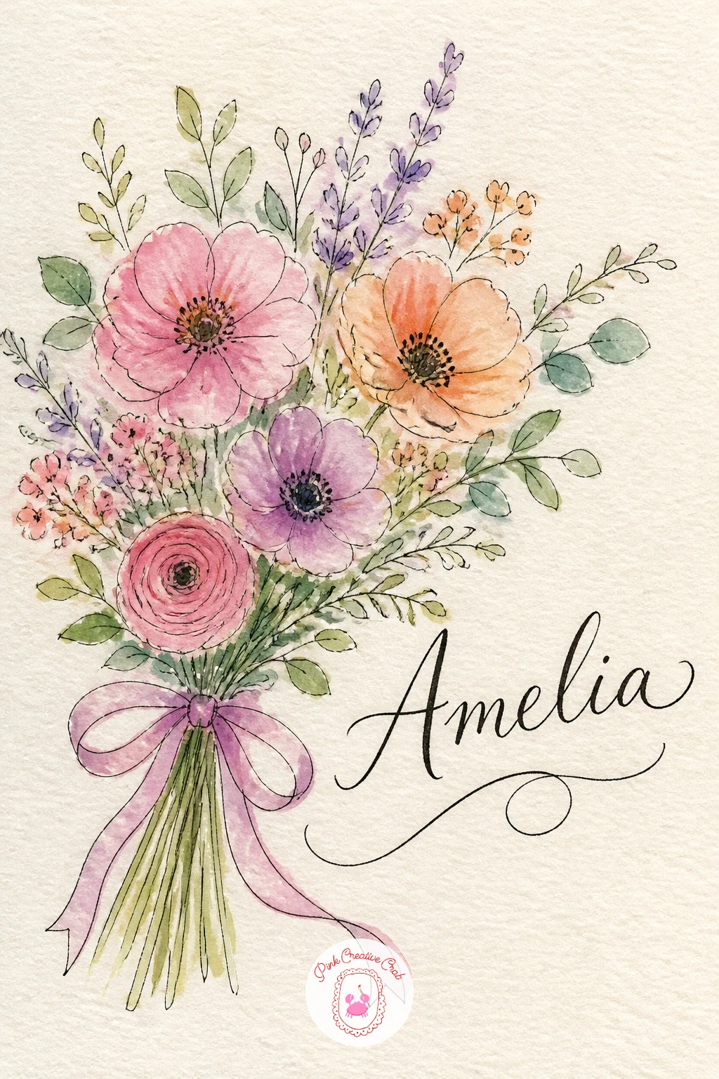 Bouquet With My Name — After the quiet cottage scene, bring in some color with a simple bouquet and your name lettered beside or beneath it. Journal first page
