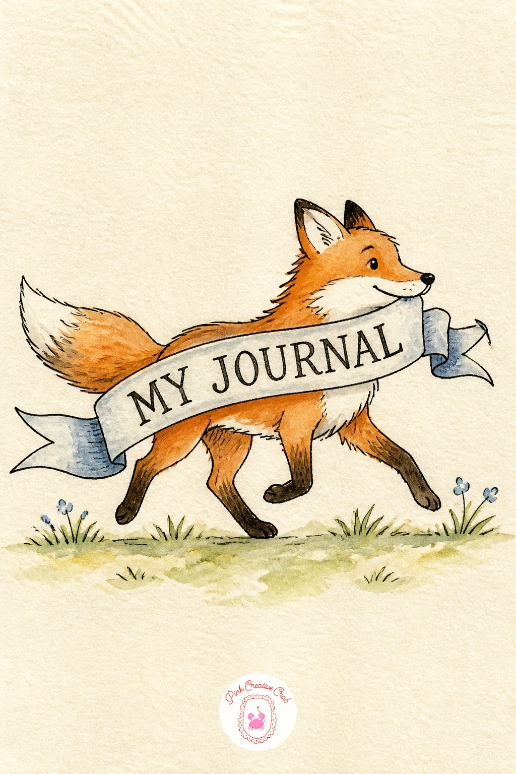 Fox Carrying the Title on a Banner — Bring in your first animal character with a fox trotting across the page carrying your journal title on a banner in its