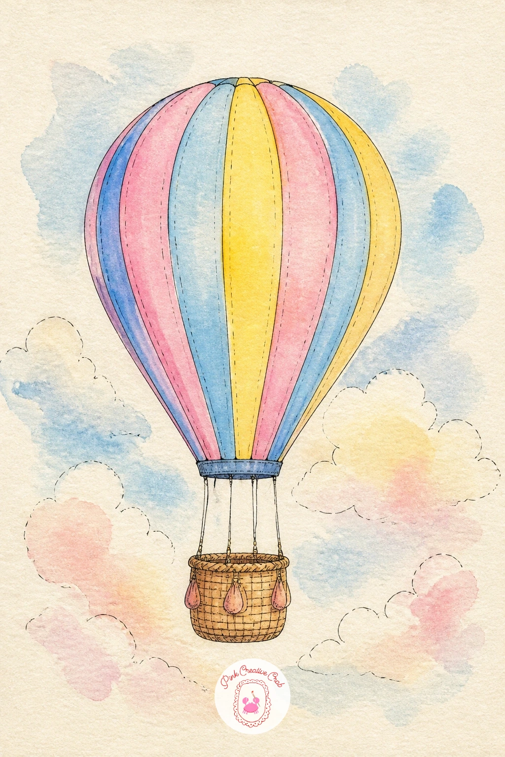 Hot Air Balloon of Dreams — Lift the goals idea higher with a hot air balloon of dreams, carrying a woven basket into a soft pastel sky. Journal first page