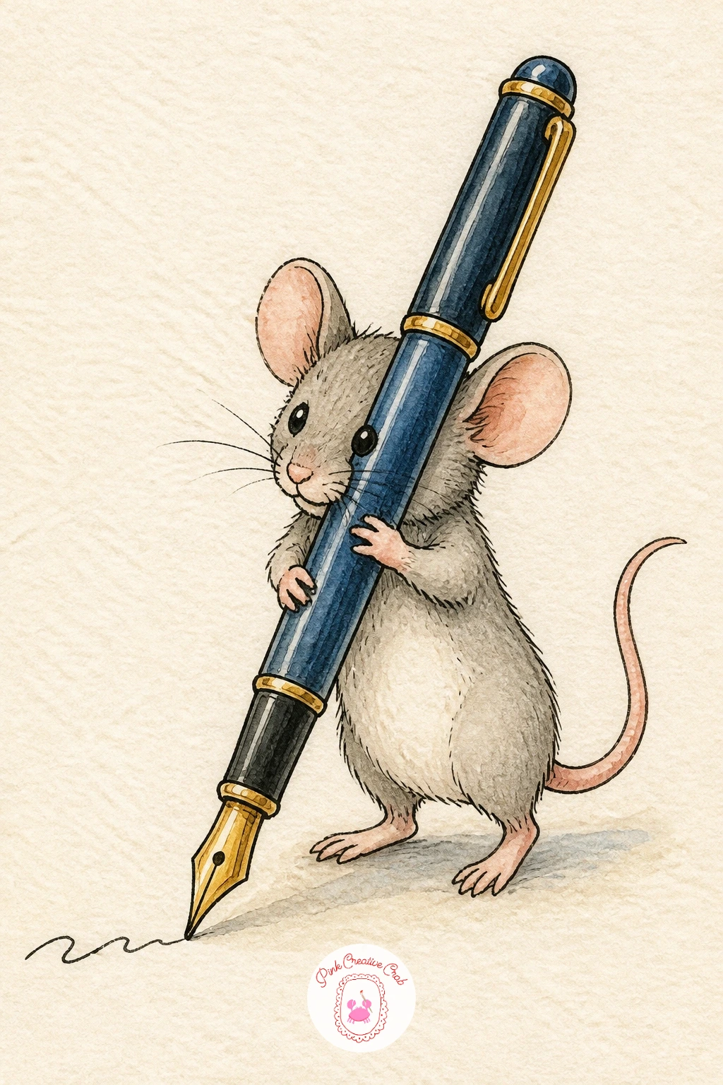 Mouse Writing With a Giant Pen — Bring in a second small character with a mouse writing the very first entry using a pen many times its own size. Journal first